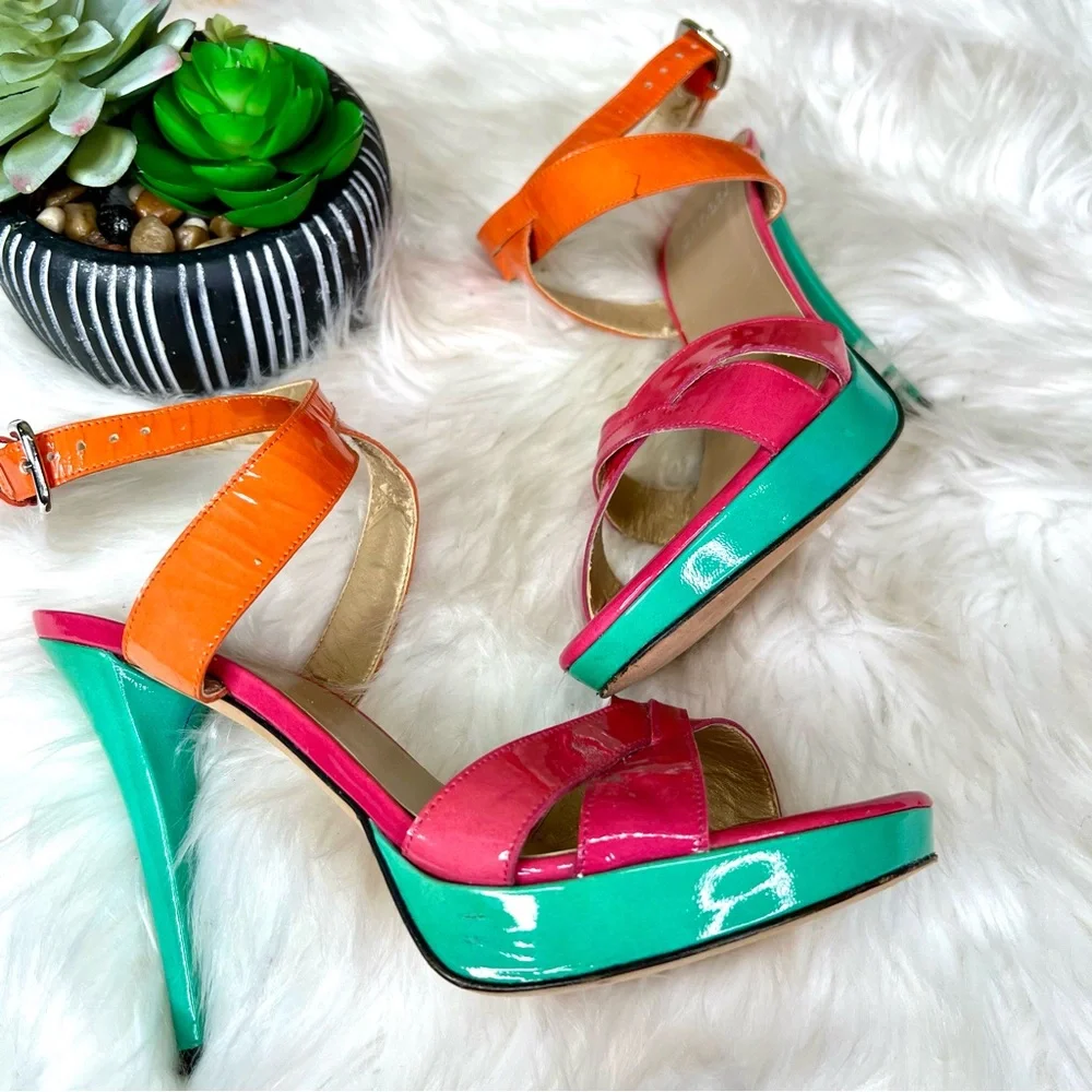 STUART WEITZMAN Patent Leather Multicolor Strappy Platform Sandals, 6.5 - Picture 12 of 15